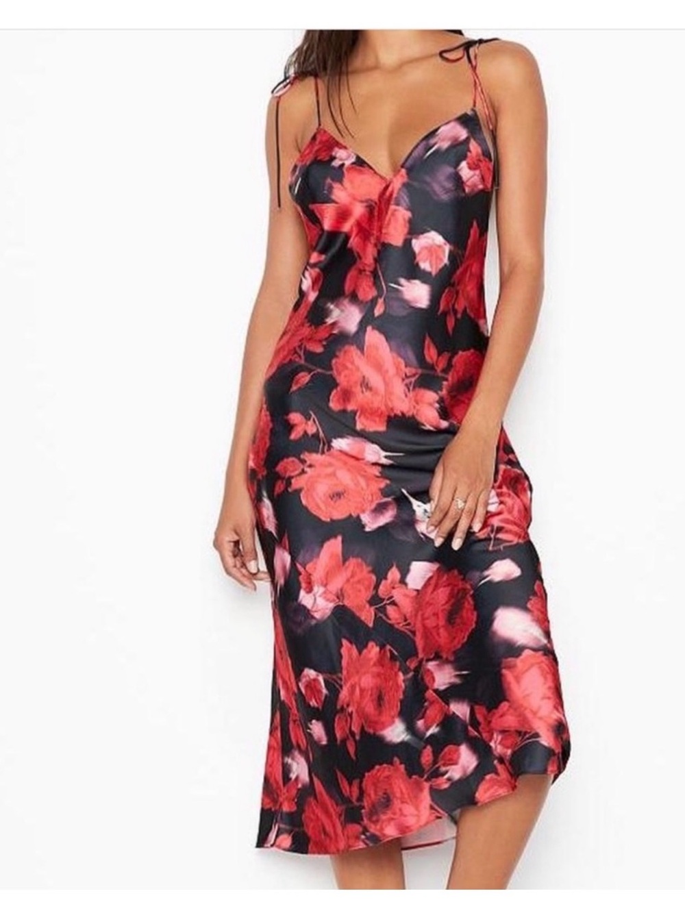 Victoria's Secret NWT Black Satin Slip with Red Floral Print Size XL